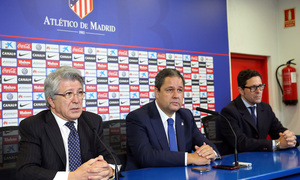 temporada 14/15. Partido Atlético de Madrid Deportivo. Presidentes dando rueda de prensa