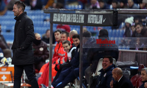 temporada 14/15. Partido Atlético de Madrid Hospitalet.Simeone sonriendo durante el partido