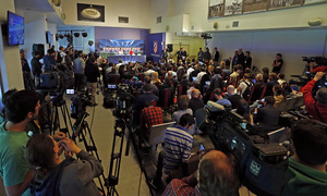 Imagen de la rueda de Prensa de Simeone y Mario Suárez en la sala VIP del Calderón