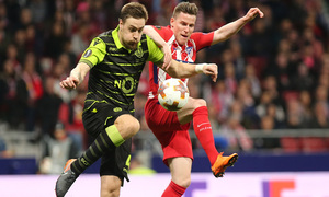 temporada 17/18. Partido Wanda Metropolitano. Atlético Sporting Portugal. Uefa Europa League. Gameiro durante el partido