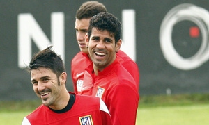 temporada 13/14. Entrenamiento en la Ciudad deportiva de Majadahonda. Villa y Diego Costa riendo